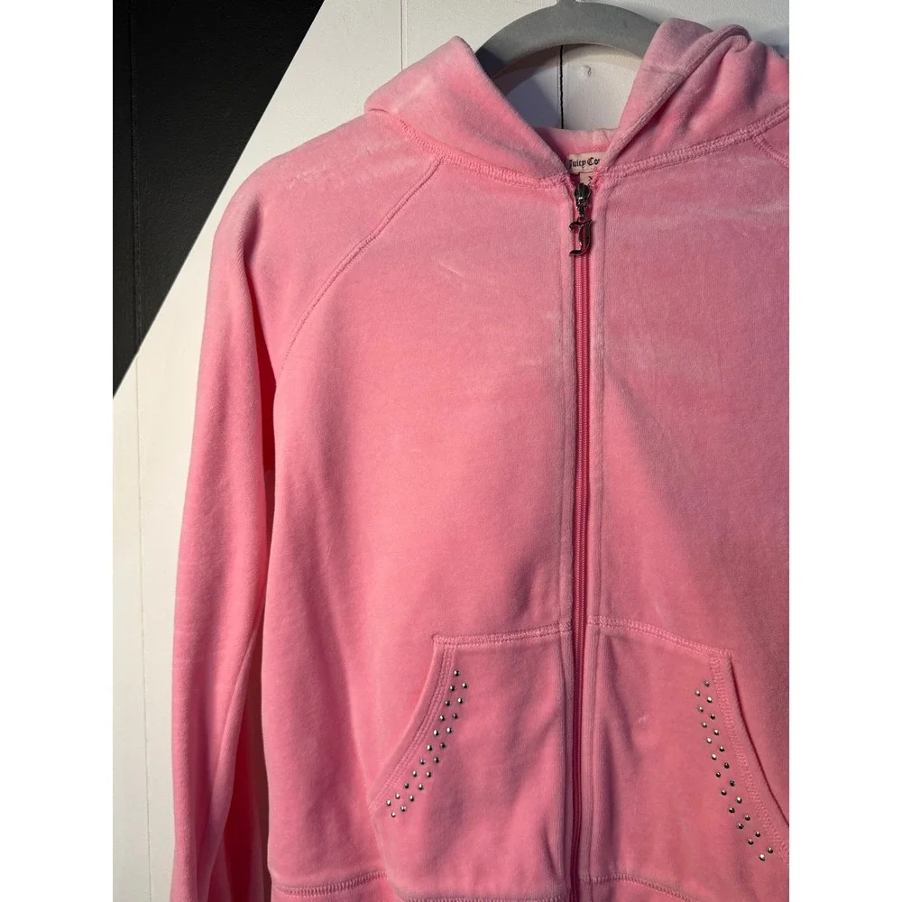 VTG Juicy Couture Hoodie Pink Velour Rhinestone Crest Zip Up Chic Girl XL 16 Y2K